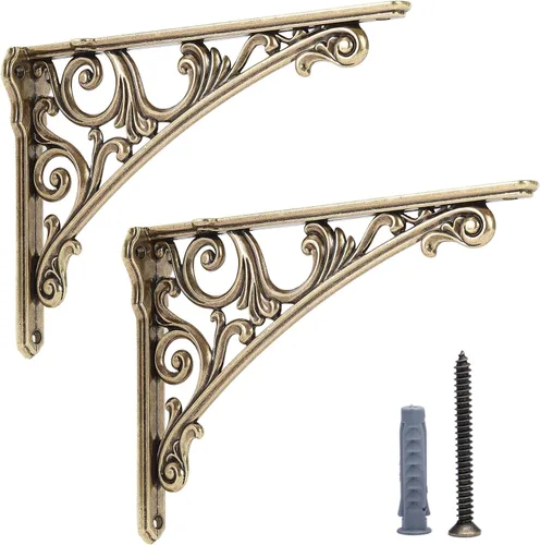 Miniatura 8 de HARPOON Soportes de estante de 8 pulgadas, paquete de 2 soportes de pared resistentes barrocos para cocina, estantes decorativos de latón antiguo