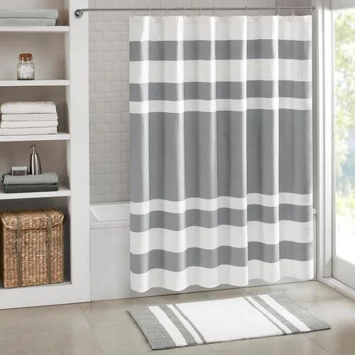 Miniatura 40 de Madison Park Cortina de ducha de tejido waffle con diseño a rayas en piezas, cortina de ducha de tela para baño con gestión de humedad 3M Rayas Taupe