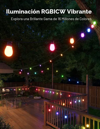 Miniatura 2 de Govee Guirnalda de luces S14 para exteriores, luces inteligentes RGBIC de 48 pies de color blanco cálido con 15 bombillas LED, 111 modos de escena