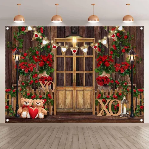 Miniatura 2 de Telón de fondo de fotografía de poliéster para el día de San Valentín, 7 x 5 pies, diseño de rosa roja, fondo de madera, corazón, oso, amor