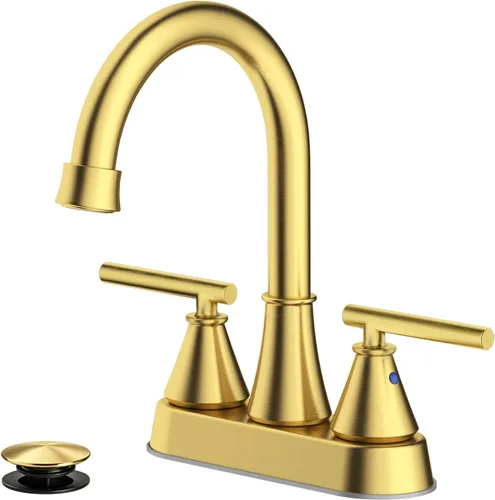 Grifo de lavabo de baño de 4 pulgadas con 2 manijas centrado, oro cepillado, sin plomo, grifo moderno de tocador con tapón de drenaje emergente y