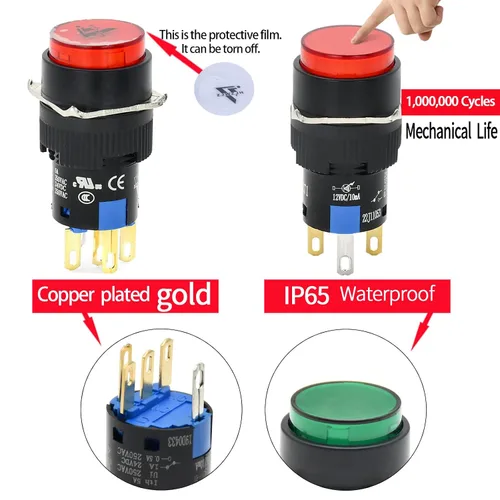 Miniatura 4 de 3 unids 0.630 in interruptor de botón momentáneo rectángulo 12V DC LED luz verde certificación UL 5/8 "agujero de montaje 1NO 1NC SPDT 5pin