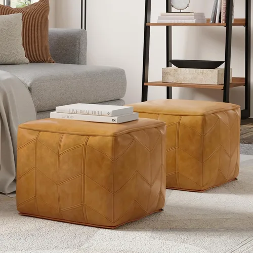 Miniatura 2 de SIMPLIHOME Morden Puf cuadrado – Otomano tapizado de cuero genuino de 18 pulgadas de ancho en marrón, reposapiés contemporáneo o asiento adicional