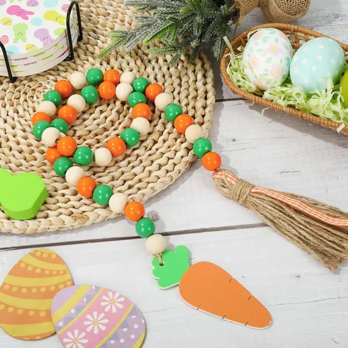 Miniatura 5 de Whaline Guirnalda de cuentas de madera de Pascua con borla, adorno de zanahoria, rústico, granja, cuentas de madera natural, decoración colgante