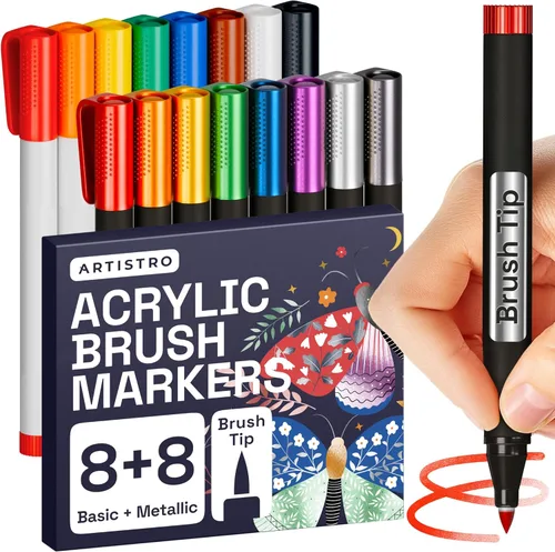 Rotuladores de pintura acrílica con punta de pincel, 8 colores metálicos y 8 colores básicos Set para pintar rocas, caligrafía, álbumes de recortes,