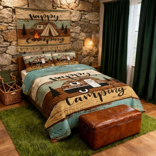 Miniatura 38 de Juego de Edredón para Acampar Feliz para Niños Tamaño Individual, Juego de Ropa de Cama Rústica de Aventura de Granja y Cabaña, Decoración