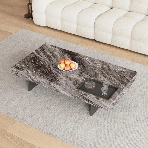 Miniatura 6 de Mesa auxiliar rectangular de mármol de 51.18 pulgadas, parte superior de piedra sinterizada gris moderna con base de metal negro, mesa central
