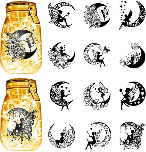 CREATCABIN 12 piezas de siluetas de ángeles de hadas, decoración de tarro de masón, decoración de luna, corte láser, recortes de cartón, recortes de
