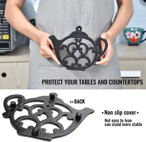 Miniatura 3 de Sungmor Salvamanteles de hierro fundido resistente, salvamanteles decorativos negros a prueba de óxido para cocina o mesa de comedor, 7.9 x 6 Tetera