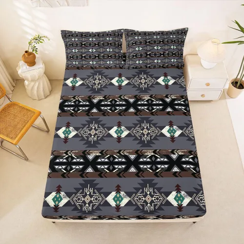 Miniatura 29 de Juego de ropa de cama de estilo bohemio occidental, tamaño individual, diseño de vaca atrapasueños, sábana bajera ajustable del suroeste, tribu