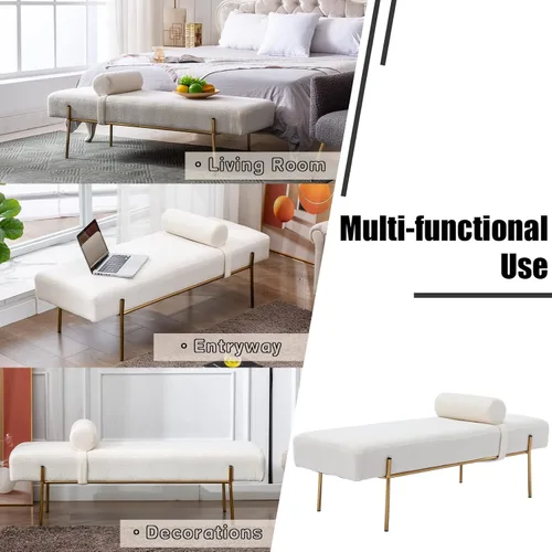 Miniatura 3 de Moderno banco de entrada tapizado con almohada desmontable para sala de estar, banco otomano de piel sintética con patas de metal dorado, cómodo