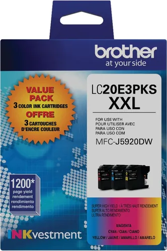 Cartucho de tinta Brother genuino de alto rendimiento en color, paquete de 3 LC20E, paquete de repuesto de tinta de color de tres piezas, incluye 1