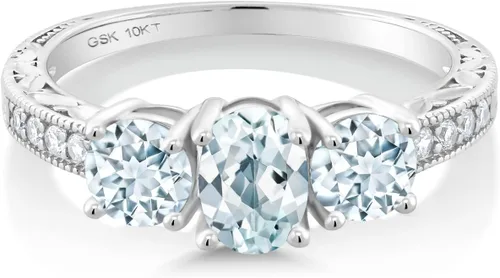 Miniatura 32 de Gem Stone King Anillo de compromiso de 3 piedras preciosas de oro blanco de 10 quilates con piedra natal y diamantes cultivados en laboratorio