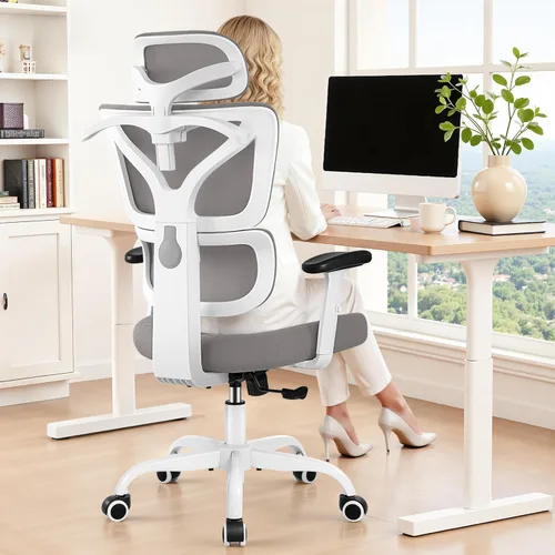 Miniatura 11 de Silla de oficina ergonómica con respaldo alto y soporte lumbar, silla de computadora de malla transpirable con reposabrazos ajustables, silla Blanco