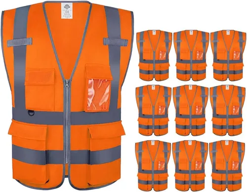 Miniatura 9 de Dazonity Chaleco de seguridad de alta visibilidad con múltiples bolsillos y cremallera, M, tiras reflectantes, apto para hombres y mujeres, trabajo