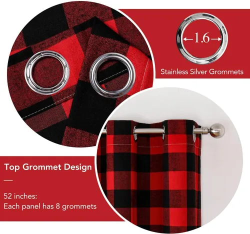 Miniatura 5 de Cortinas navideñas de búfalo rojo de 50 pulgadas, 2 paneles, cortinas de oscurecimiento con ojales rojos y negros para dormitorio, sala de estar