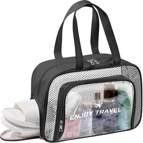 Miniatura 9 de BuyCard Bolsas de Viaje Transparentes con Parche de Letra de Chenilla, Bolsa de Maquillaje Preppy de PVC y Nylon con Asa y Cremallera, Bolsa