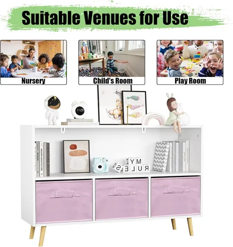 Miniatura 6 de Estantería para niños, organizador de almacenamiento de juguetes, estantería para niños con 3 cajones de tela plegables y patas de madera, Rosado