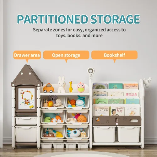 Miniatura 5 de UNICOO Organizador de almacenamiento de juguetes para niños con estantería, organizador de sala de juegos de 14 cubos y estantería, estante de Marrón