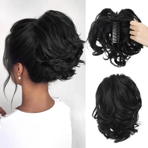 Miniatura 40 de CJL HAIR - Extensiones de cabello con pinza de garra para cola de caballo corta, trenza desordenada, sintéticas, maleables, para mujeres, cabello
