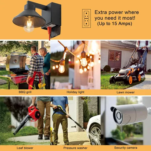 Miniatura 4 de Aplique de pared al aire libre con salida GFCI negro impermeable antioxidante aluminio exterior iluminación de granero montaje en pared delantera