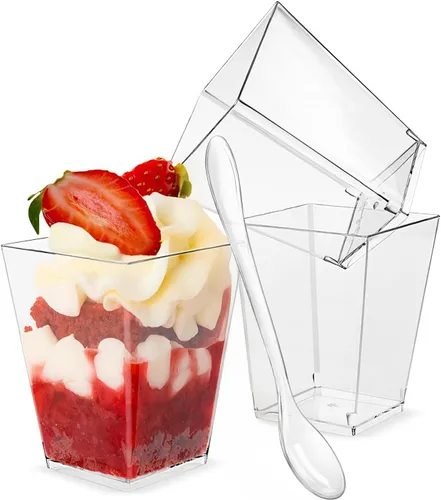 Miniatura 7 de TOFLEN Paquete de 50 tazas de postre de plástico de 5 onzas con tapas para fiestas, mini tazas cuadradas de postre con cucharas para yogur, parfait