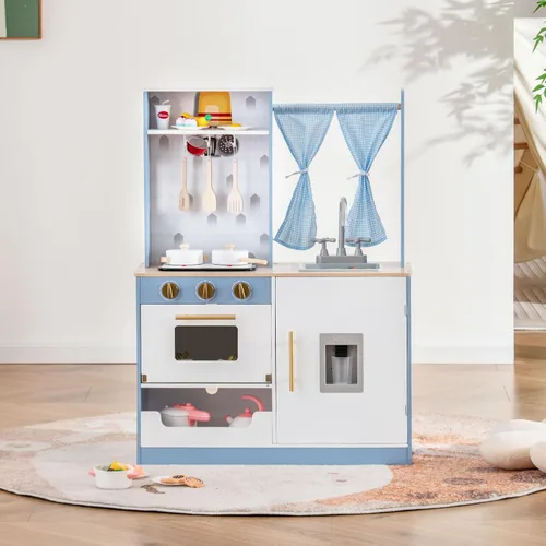 INFANS Juego de cocina para niños, juego de cocina de madera con estufa, fregadero, microondas, armario de almacenamiento, juego de juguetes de