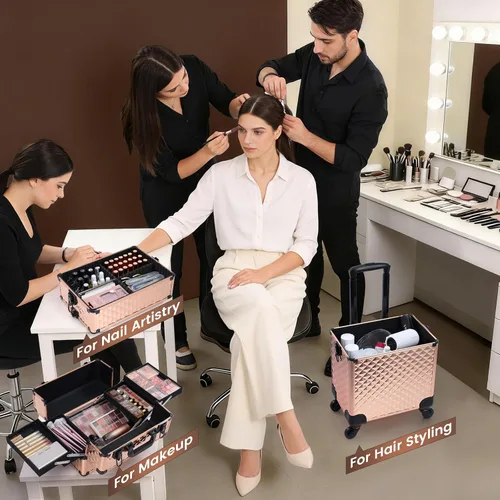 Miniatura 3 de FRENESSA - Estuche de maquillaje rodante 3 en 1, carrito cosmético profesional con gran almacenamiento para esteticistas, estilista de cabello, Oro