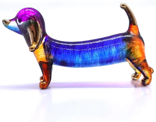 Miniatura 32 de Figuras en miniatura de perro salchicha soplado a mano, arte de animales coleccionables, regalo para decoración del hogar (4 pulgadas, azul negro)