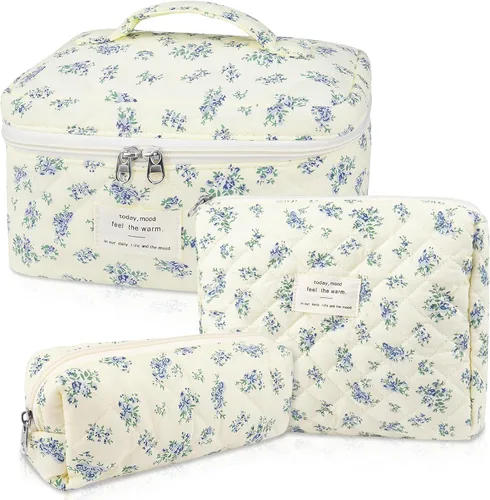 Miniatura 30 de Set de bolsas de maquillaje, bolsa de maquillaje acolchada, bolsa de cosméticos floral grande para mujeres, lindas bolsas de maquillaje de algodón