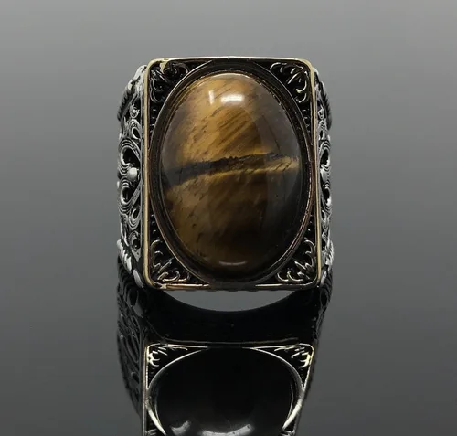 Miniatura 3 de KAR Anillo grande de plata de ley 925K con sello de ojo de tigre I1P