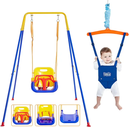Miniatura 11 de FUNLIO Juego de columpio 2 en 1 para niños pequeños y bebés, columpio y hamaca resistente para niños con 4 bolsas de arena, soporte metálico Gris