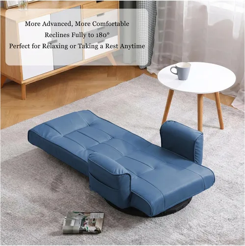 Miniatura 7 de Silla de suelo giratoria de 360° con reposabrazos, tumbona ajustable de 14 posiciones para adultos, asiento acolchado plegable con respaldo para Azul