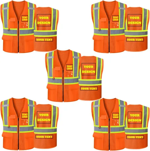 Miniatura 24 de Chaleco de seguridad reflectante de malla con logotipo personalizado Clase 2 con 5 bolsillos y cremallera Amarillo-5pack
