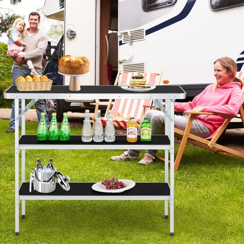 Miniatura 2 de HAPPYGRILL Mesa de campamento plegable con almacenamiento, mesa de picnic de aluminio con estantes de 2 niveles, mesa grande, bolsa de transporte