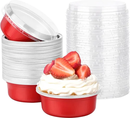 Miniatura 75 de Beasea Ramequines con tapas, 8oz 50 unidades de tazas de aluminio desechables para hornear, tazas de papel de aluminio plateado para creme brulee