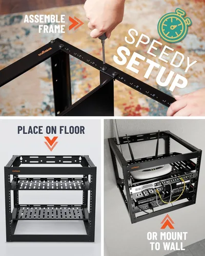 Miniatura 7 de ECHOGEAR Bastidor de red de 10U - Diseño de 4 postes resistente para montaje en pared, con estructura abierta que incluye 2 estantes ventilados