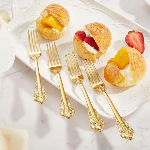 Miniatura 5 de KEAWELL Tenedores de aperitivo de lujo de 5.9 pulgadas, acero inoxidable 18/10, juego de 4, magníficos tenedores de cóctel/tenedores de postre Dorado