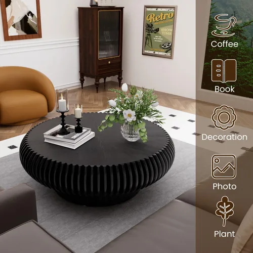 Miniatura 6 de Mesa de centro de tambor de 31.5 pulgadas, moderna y única, mesa de té acanalada, mesa de centro redonda de madera contemporánea con mesa central
