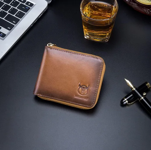 Miniatura 7 de BULLCAPTAIN Cartera de cuero genuino con cremallera para hombre bloqueo RFID cremallera segura y plegable alrededor de carteras cartera