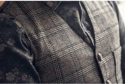 Miniatura 4 de Chaleco de traje vintage para hombre, de tweed a cuadros, ajuste regular, para padrinos de boda, Negro