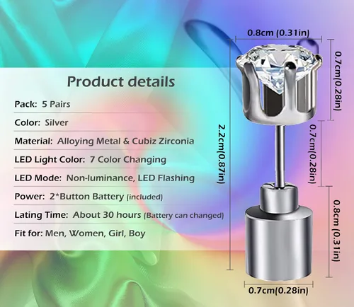 Miniatura 2 de 5 pares de aretes LED, IC ICLOVER que cambian de color, aretes con corona de diamante, para el día de San Valentín, parpadeantes, bailes, fiestas