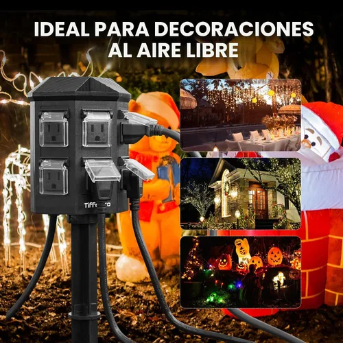 Miniatura 5 de TiFFCOFiO Regleta de Alimentación para Exteriores Resistente a la Intemperie, Cable de Extensión de 25 Pies con Estaca, 6 Enchufes con Conexión a