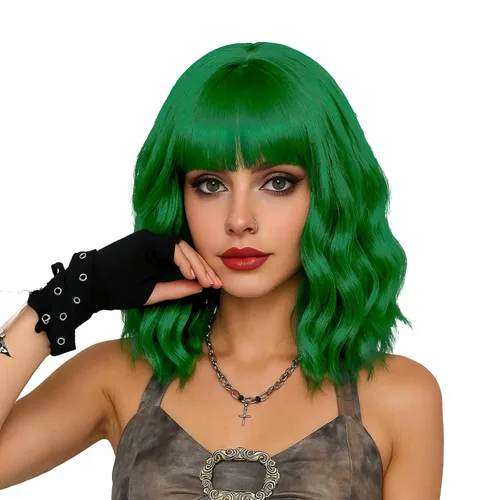 LABEAUTÉ Peluca ondulada verde con flequillo de aire, resistente al calor, peluca del día de San Patricio, 14 pulgadas, verde menta