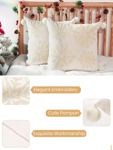 Miniatura 3 de Lewondr Fundas de almohada decorativas de Navidad, bordado de copos de nieve 16x16, fundas de almohada para el hogar, Navidad dorada, decorativas