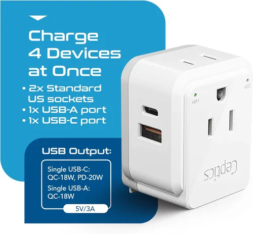 Miniatura 3 de Ceptics Juego de adaptadores de viaje de enchufe europeo, 20 W PD y control de calidad, USB dual seguro y USB-C - 2 enchufes de EE. UU. - Compacto