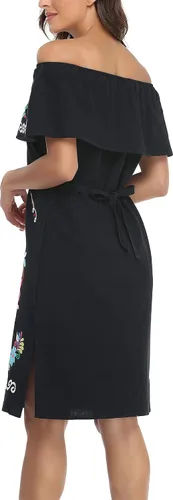 Miniatura 7 de YZXDORWJ Vestido bordado mexicano para mujer cuello con volantes sin mangas