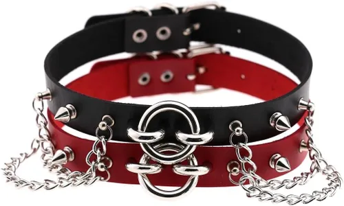 Miniatura 2 de Multicolor 0.75" Width PU Simulated Leather Rivets O Ring Chains Neckband Choker Necklace