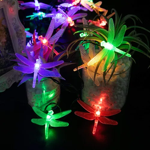 Miniatura 4 de Guirnalda de luces solares de libélula para exteriores, 20.8 pies, 30 luces LED impermeables con energía solar, 8 modos de luces decorativas