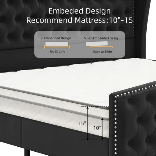 Miniatura 6 de BRELTAM Marco de cama tapizado tamaño Queen en terciopelo color beige con cabecera y pie de cama acolchados con botones profundos y soporte